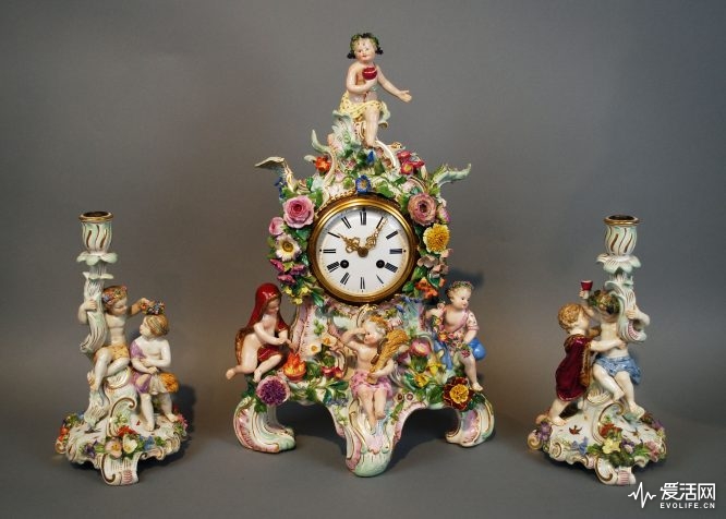 Antique Meissen Porcelain Four Seasons Mantle Clock Set Candelabras Garniture(1)