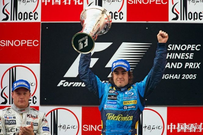 Fernando Alonso raising his trophy. Next to him 2nd placed Kimi Raikkonen.
