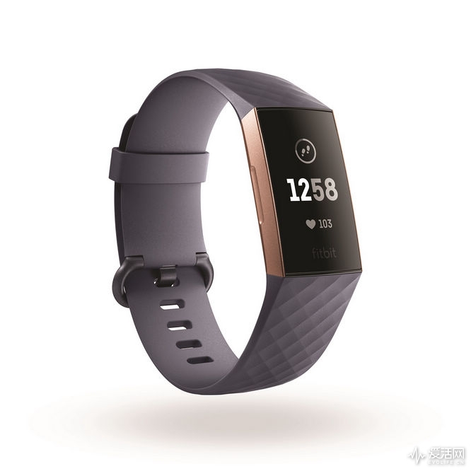 Product render of Fitbit Charge 3, 3QTR view, in Classic Blue Gray and Rose Gold