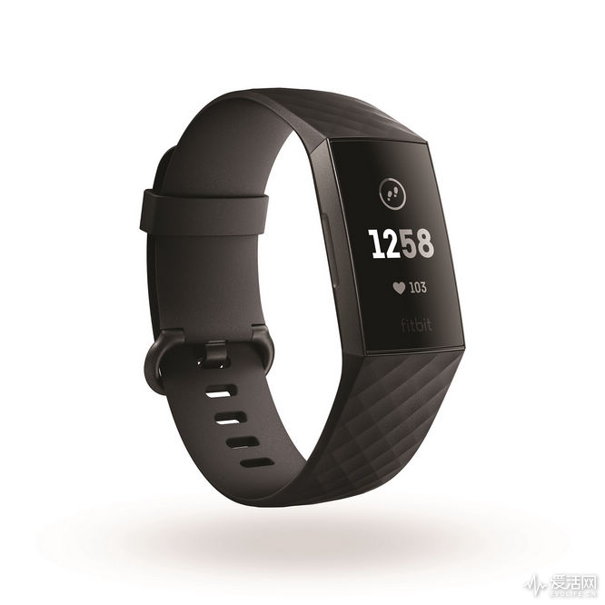 Product render of Fitbit Charge 3, 3QTR view, in Classic Black and Graphite