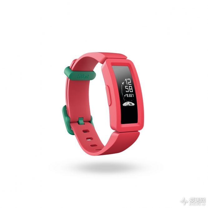 Product render of Fitbit Ace 2, 3QTR view, in Watermelon and Teal