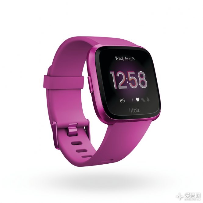 Product render of Fitbit Versa Lite Edition, 3QTR view, in Mulberry