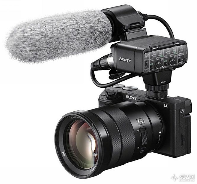sony-a6400-front-quarter-with-xlr-k2m-adapter-mic-and-18-105mm-lens