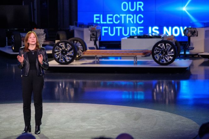 General Motors Chairman and CEO Mary Barra addresses the gathering Wednesday, March 4, 2020 at an event detailing GMs electric vehicle technologies and upcoming products in the Design Dome on the GM Tech Center campus in Warren, Michigan. (Photo by Steve Fecht for General Motors)