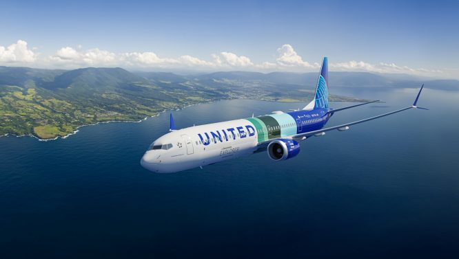 Boeing is partnering with NASA and United Airlines for in-flight testing to measure how sustainable aviation fuel (SAF) affects contrails and non-carbon emissions, in addition to reducing the fuel’s life cycle climate impact. Shown here, Boeing’s second ecoDemonstrator Explorer, a 737-10 destined for United Airlines with LEAP-1B engines, will fly with 100% SAF and conventional jet fuel in separate tanks and alternate fuels during testing. (Image: Boeing)